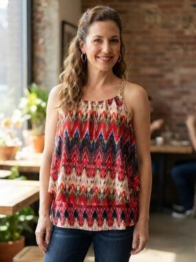 New Woman Design Multi-Colored Chevron Ikat Gold Chain-Neck Tank Top Layered